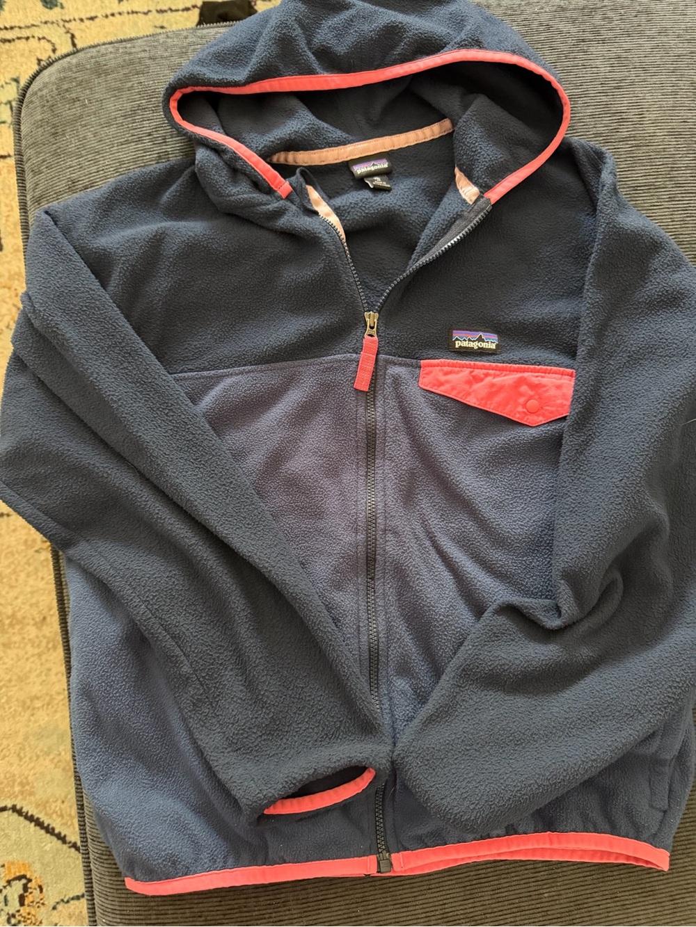 Patagonia Kids Navy Fleece Hoodie with Coral Trim